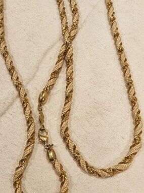 Vintage Napier 30 Inch Gold Tone and Cream Woven Twisted Rope Necklace
